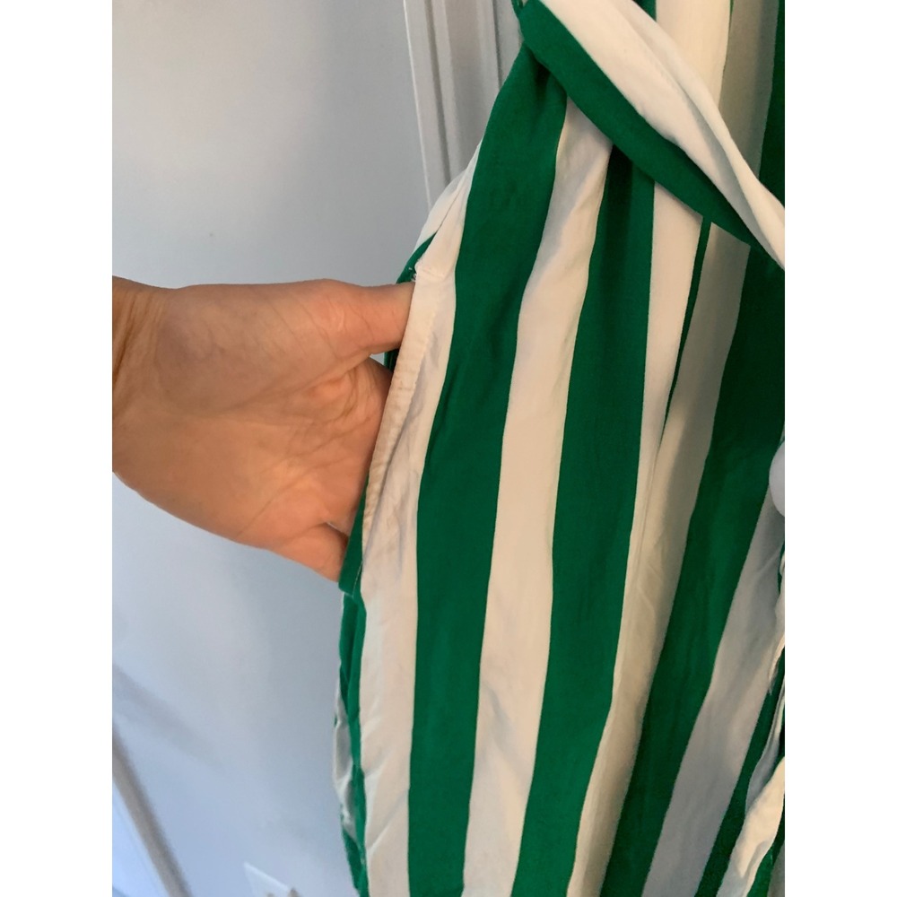Crown & Ivy Green White Striped Midi Shirt Dress Puff Sleeve Belted Pockets L - Picture 4 of 11